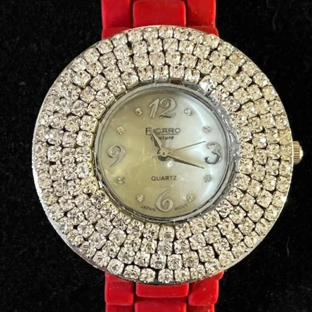 FICARO COUTURE | Dark Red Adj silicone Band Mother Of Pearl Dial Crystal-EUC